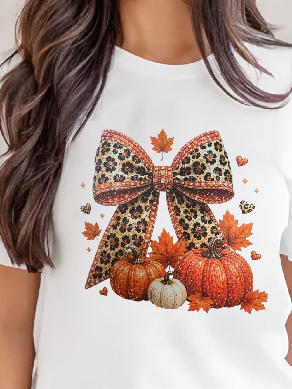 Coguette Leopard Bow Pumpkin Graphic T-Shirt